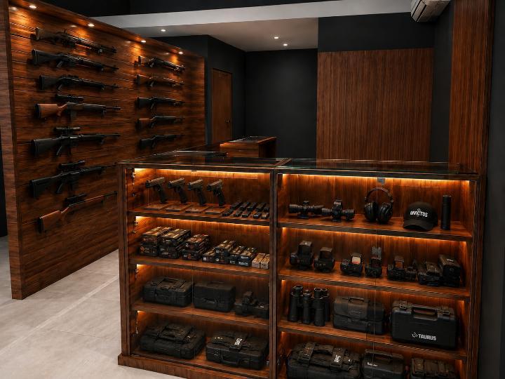 Mobiliário planejado para loja de artigos táticos, com parede de rifles e vitrines iluminadas